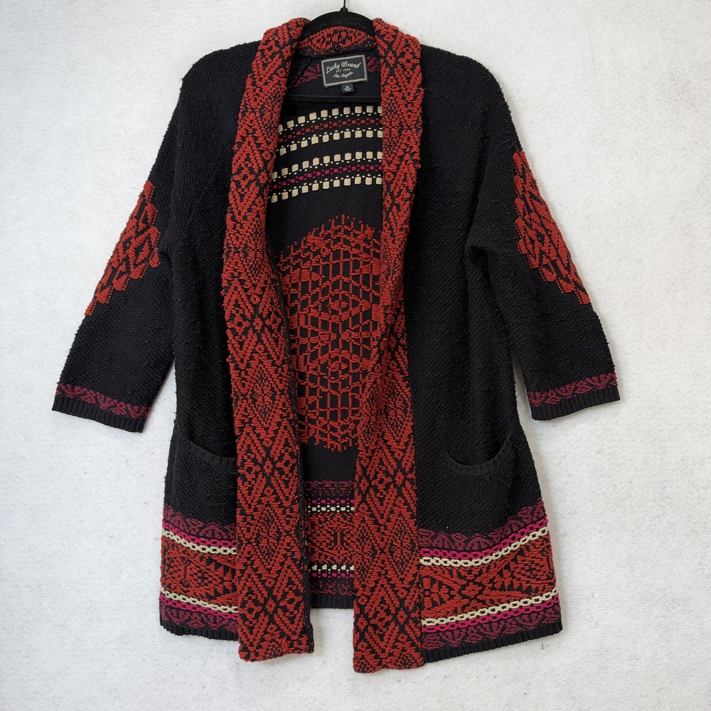 Lucky Brand Cardigan Sweater Womens Medium Black Red Boho Open Knit Pockets